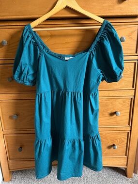 And Now This Babydoll Dress Short Puff Sleeves Tiered Skirt Teal Womens Size L